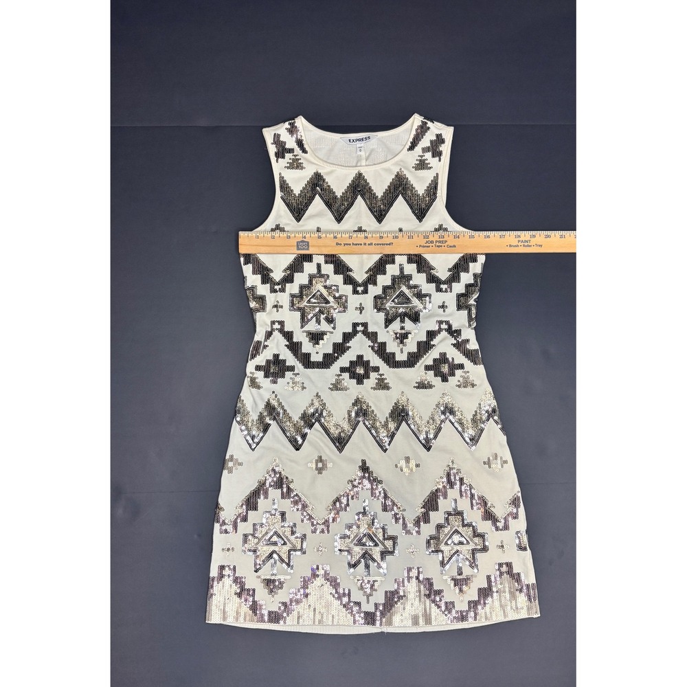 Express Tribal Sequin Aztec Sheath Dress - White & Silver Sleeveless Size Med - Picture 4 of 6